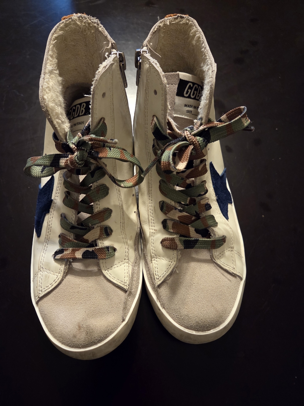 Golden Goose Kids White Sneakers with Blue Star and Camo Laces